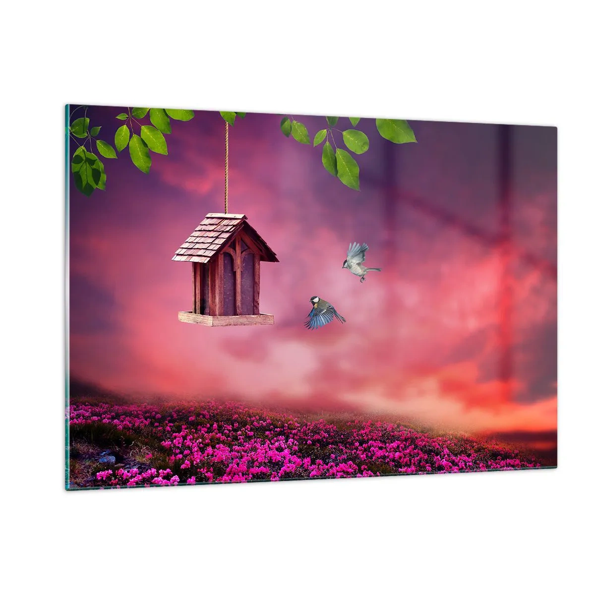 Impression sur verre - Image sur verre - Une mangeoire à oiseaux contre un ciel rose - 120x80cm - Invitation à dîner - Décoration murale moderne pour le salon et la chambre ARTTOR
