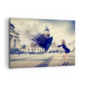 Impression sur toile - Image sur toile - Une femme avec un parapluie dans une composition artistique sur fond urbain - 100x70cm - Il y a un tel vent… - Décoration murale moderne pour le salon et la chambre ARTTOR