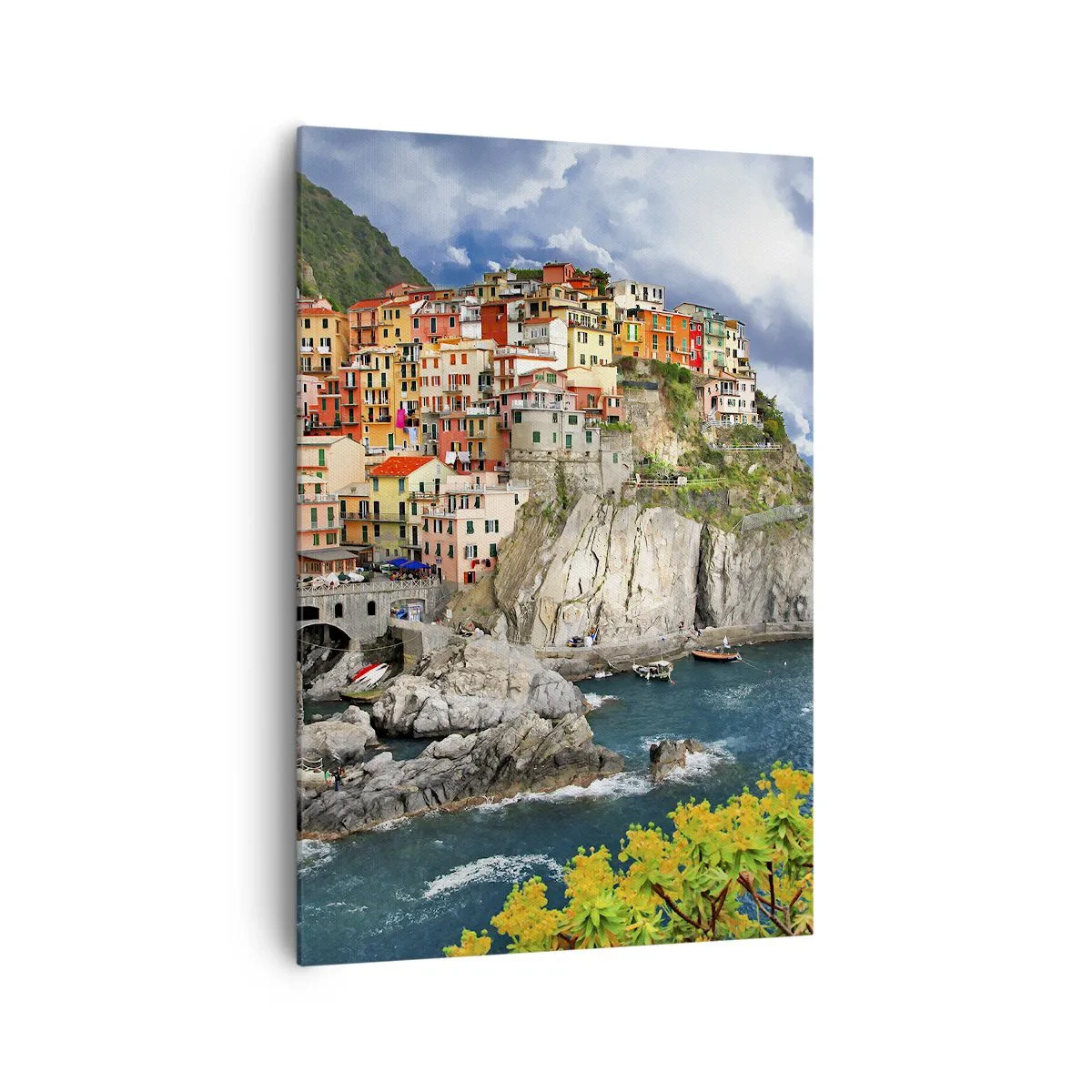 Impression sur toile - Image sur toile - Maisons colorées sur une falaise surplombant la mer aux Cinque Terre - 70x100cm - Un groupe embrassant les rochers - Décoration murale moderne pour le salon et la chambre ARTTOR