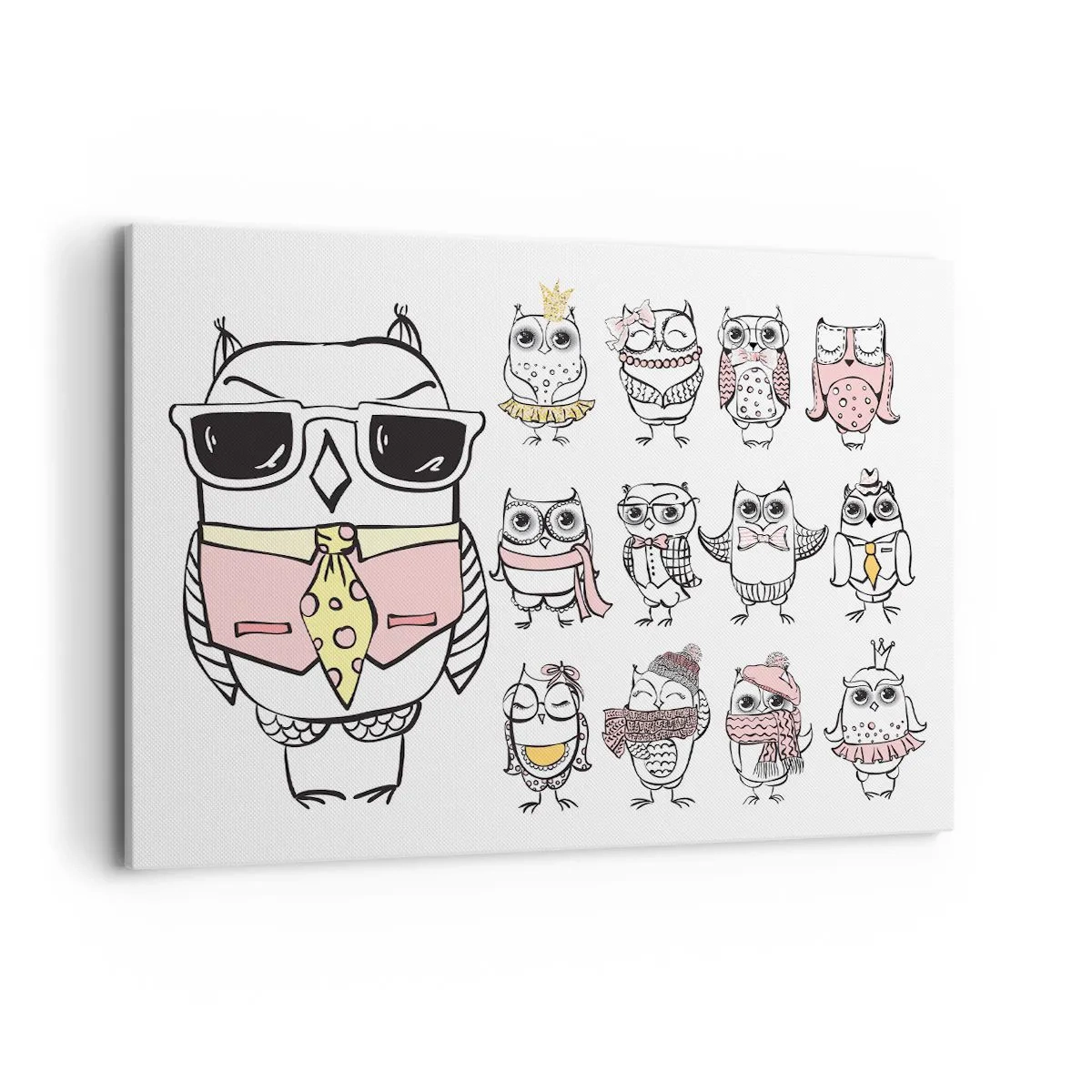 Impression sur toile - Image sur toile - Des hiboux dans différents styles et vêtements - 120x80cm - Tant de rôles à jouer - Décoration murale moderne pour le salon et la chambre ARTTOR