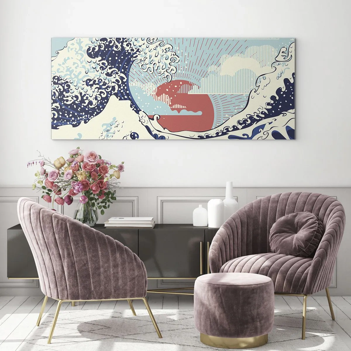 Impression sur verre - Image sur verre - Vagues de l'océan et coucher de soleil à la japonaise - 160x50cm - D'une inspiration japonnaise - Décoration murale moderne pour le salon et la chambre ARTTOR