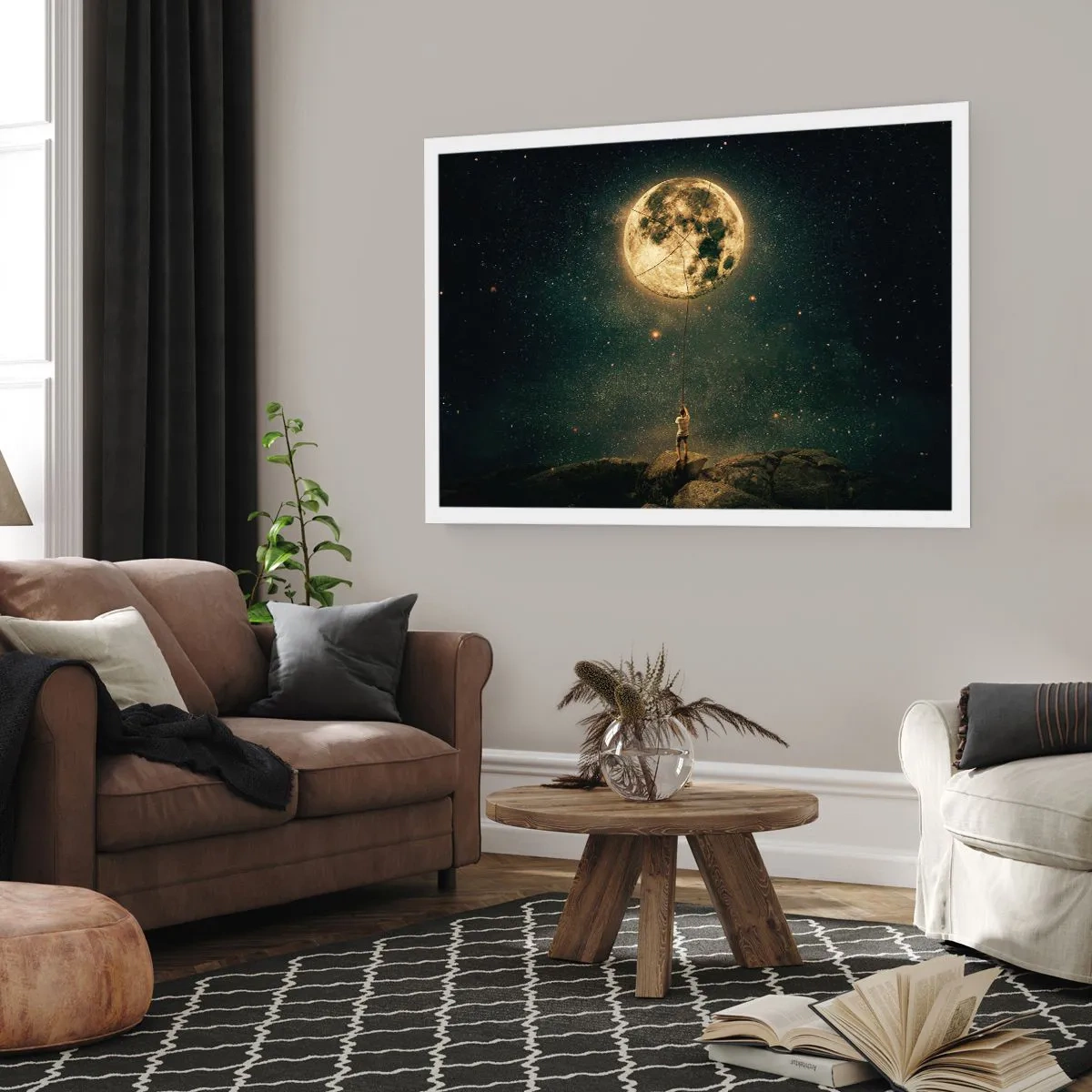 Affiche - Poster - L'homme avec la lune contre le ciel étoilé - 100x70cm - Celui qui a volé la lune - Décoration murale moderne pour le salon et la chambre ARTTOR