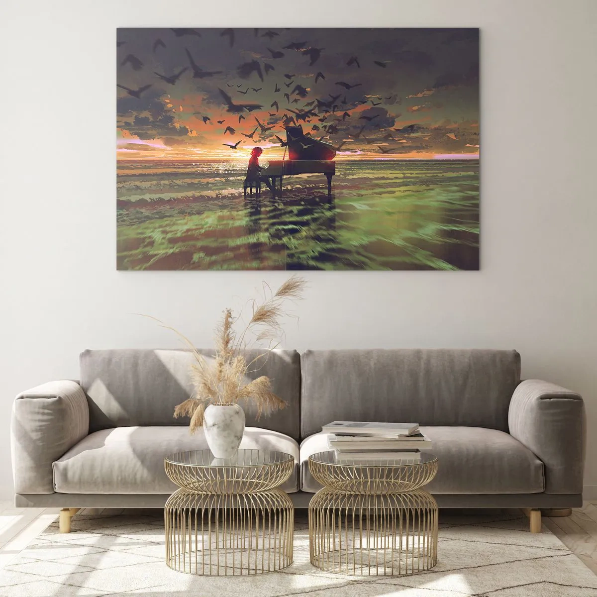 Impression sur verre - Image sur verre - Pianiste jouant du piano sur la plage au coucher du soleil - 120x80cm - Concert pour piano et vagues - Décoration murale moderne pour le salon et la chambre ARTTOR
