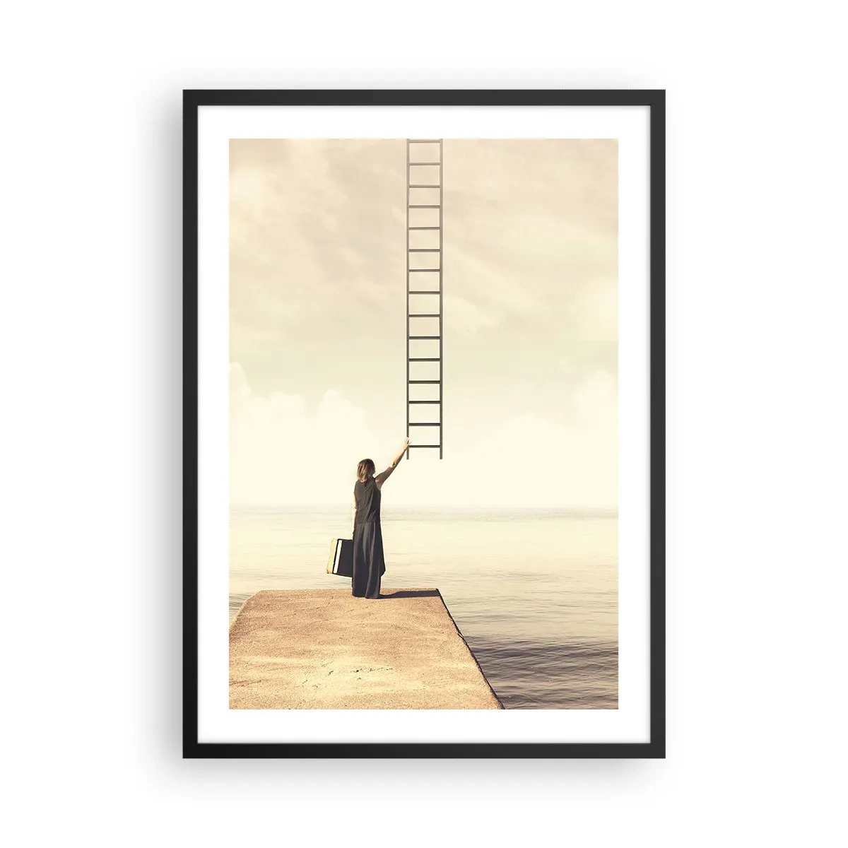 Affiche dans un cadre noir - Poster - Une femme sur un quai cherchant une échelle menant au paradis - 50x70cm - Voyage magique - Décoration murale moderne pour le salon et la chambre ARTTOR