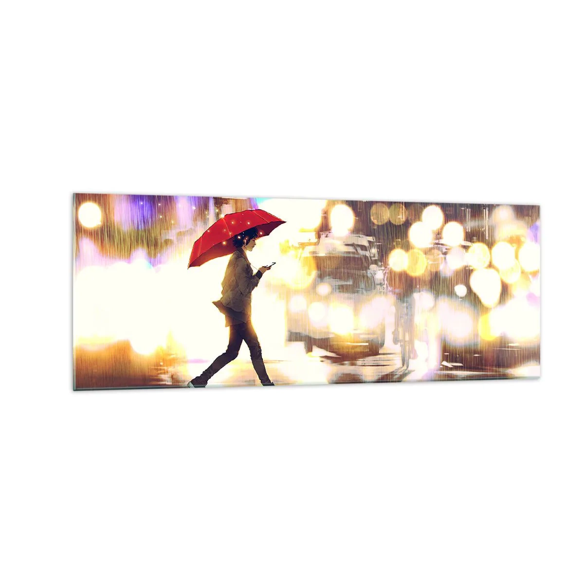 Impression sur verre - Image sur verre - Une silhouette avec un parapluie rouge dans la rue sous la pluie - 140x50cm - Et pourtant ensoleillé - Décoration murale moderne pour le salon et la chambre ARTTOR