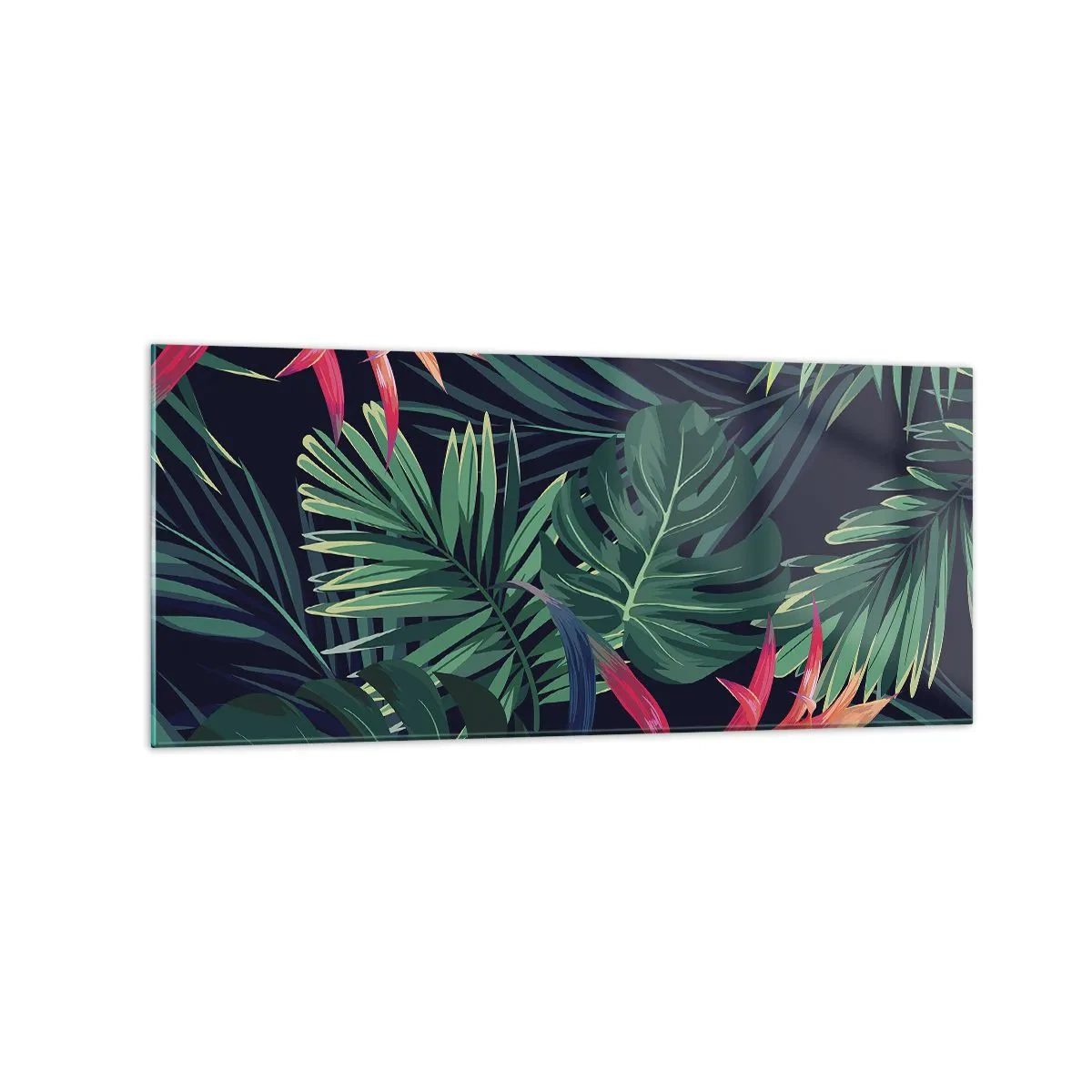 Impression sur verre - Image sur verre - Feuilles et fleurs tropicales sur fond sombre - 120x50cm - immergé dans la nature - Décoration murale moderne pour le salon et la chambre ARTTOR