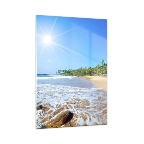 Impression sur verre - Image sur verre - Plage tropicale avec palmiers et vagues sous un ciel bleu - 50x70cm - Un endroit exotique pour vous - Décoration murale moderne pour le salon et la chambre ARTTOR