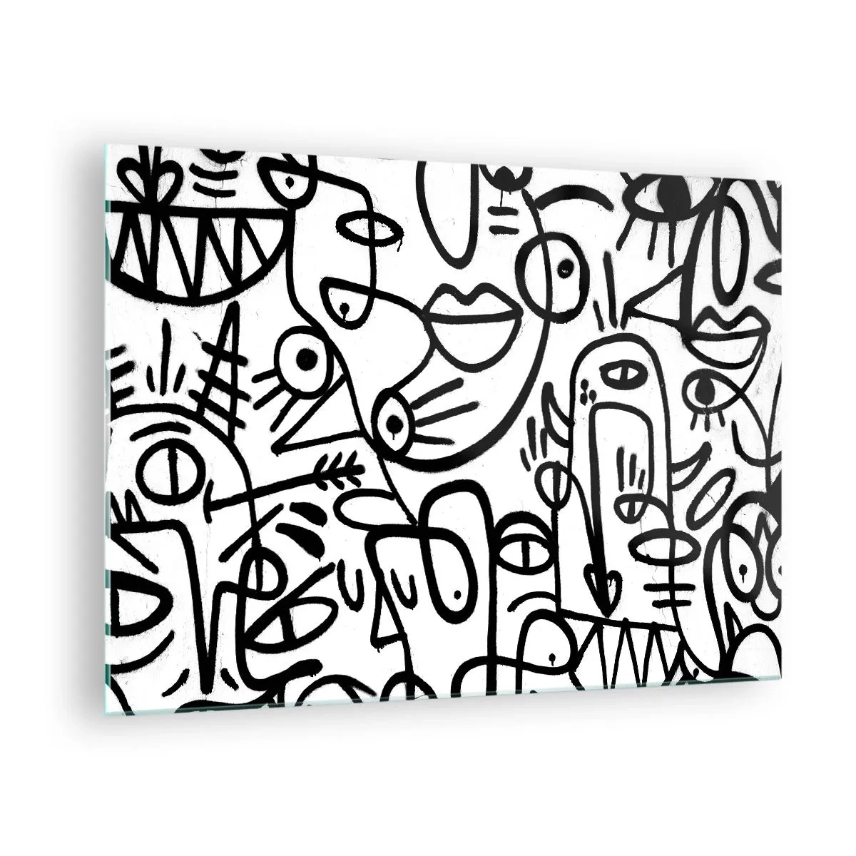 Impression sur verre - Image sur verre - Abstraction en noir et blanc avec des yeux, des visages et des lignes - 70x50cm - Visages et mirages - Décoration murale moderne pour le salon et la chambre ARTTOR