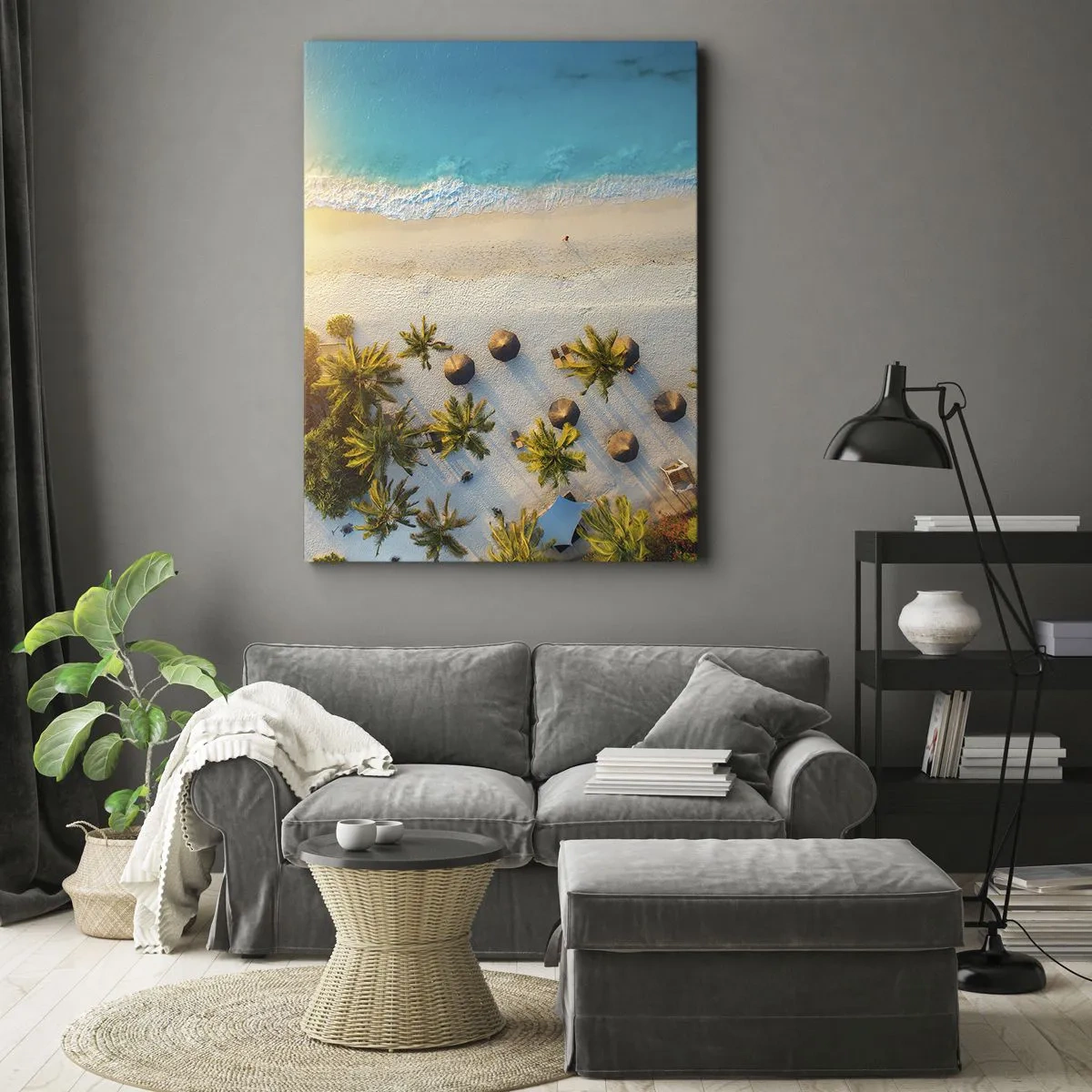 Impression sur toile - Image sur toile - Vue d'une plage tropicale avec des palmiers et une mer turquoise - 80x120cm - Bienvenue au paradis - Décoration murale moderne pour le salon et la chambre ARTTOR
