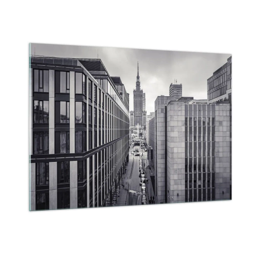 Impression sur verre - Image sur verre - Vue de la ville en noir et blanc avec des gratte-ciel et une rue - 100x70cm - Vallée de Varsovie - Décoration murale moderne pour le salon et la chambre ARTTOR