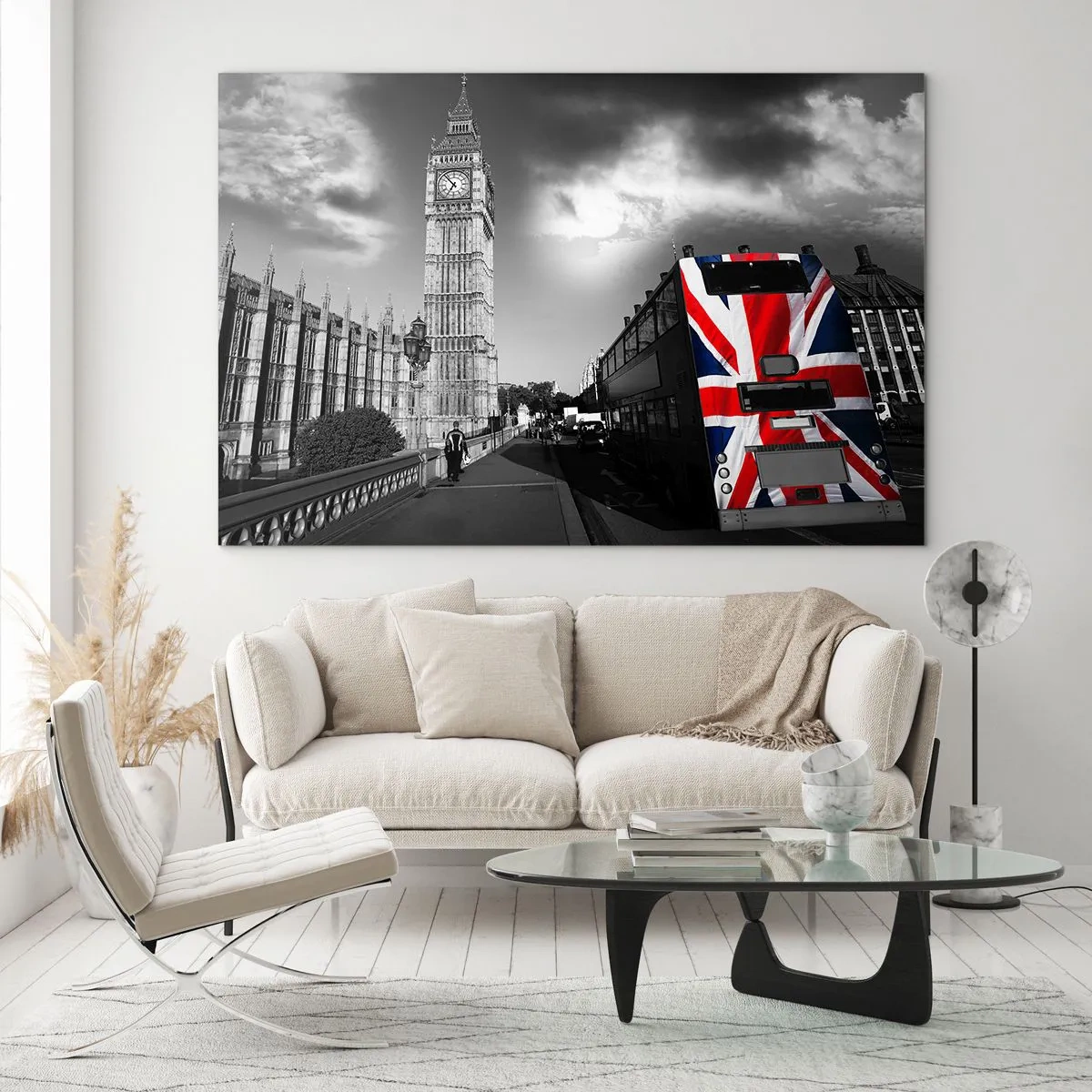 Impression sur verre - Image sur verre - Big Ben et un bus avec un drapeau britannique - 120x80cm - Fière et grande - Décoration murale moderne pour le salon et la chambre ARTTOR