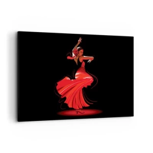 Impression sur toile - Image sur toile - Danseuse de flamenco en robe rouge sur fond noir - 100x70cm - L'esprit fougueux du flamenco - Décoration murale moderne pour le salon et la chambre ARTTOR