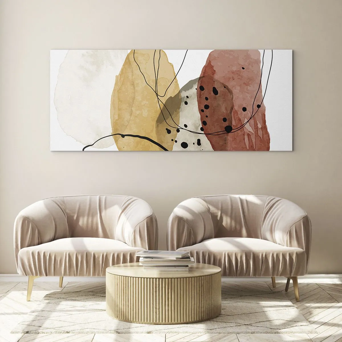 Impression sur verre - Image sur verre - Taches abstraites dans les tons beige, jaune et rouge - 160x50cm - Léger et transparent comme l'air - Décoration murale moderne pour le salon et la chambre ARTTOR
