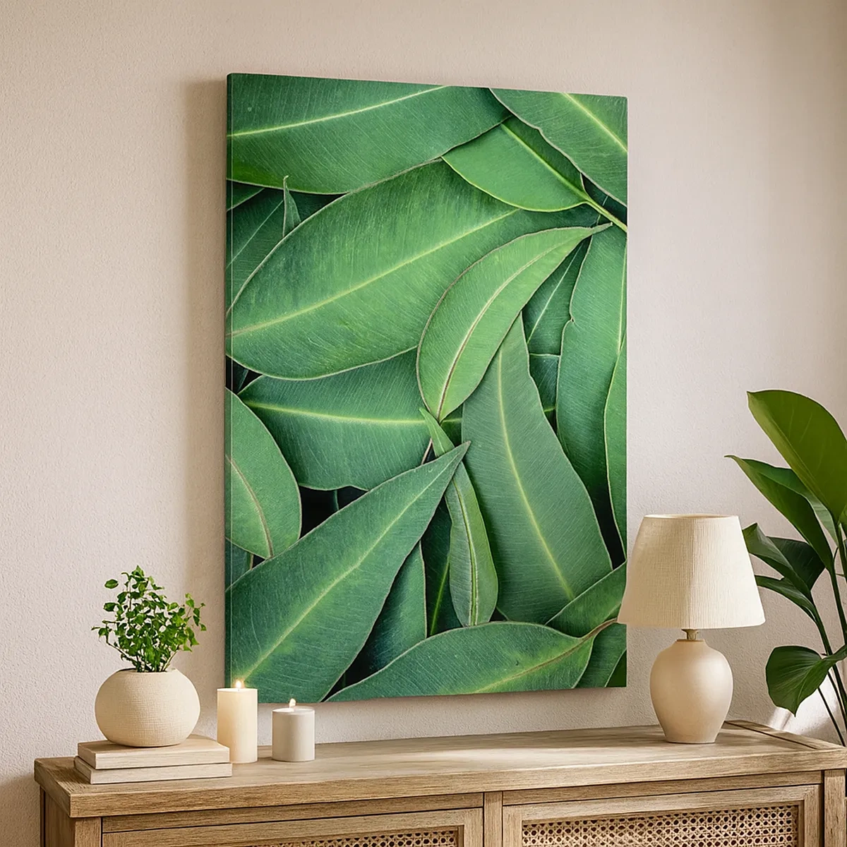 Impression sur toile - Image sur toile - Gros plan de feuilles vertes créant un motif naturel - 50x70cm - Juteux et frais - Décoration murale moderne pour le salon et la chambre ARTTOR