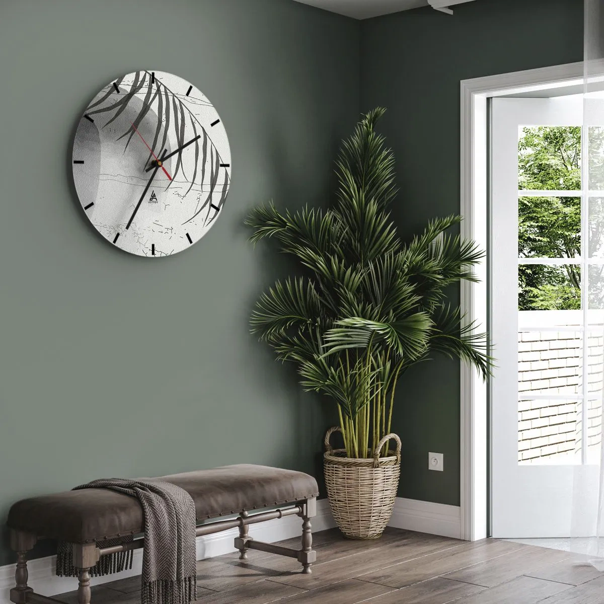 Horloge murale - Pendule murale - Palmier noir et blanc avec ombre de lune sur fond de béton - 30x30cm - L'exotisme subtil de la nature - Décoration murale moderne pour le salon, la cuisine et la chambre ARTTOR