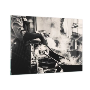 Impression sur verre - Image sur verre - Un chef en action avec une poêle à frire dans une cuisine remplie de vapeur - 100x70cm - Alchimie des saveurs - Décoration murale moderne pour le salon et la chambre ARTTOR
