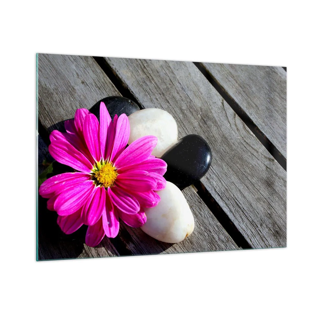 Impression sur verre - Image sur verre - Fleur rose avec des pierres sur un fond en bois - 100x70cm - Repos sur la jetée - Décoration murale moderne pour le salon et la chambre ARTTOR