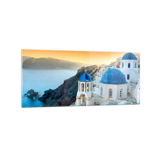 Impression sur verre - Image sur verre - Vue de Santorin avec des bâtiments blancs et une mer bleue - 120x50cm - Santorin - blotti contre les rochers - Décoration murale moderne pour le salon et la chambre ARTTOR
