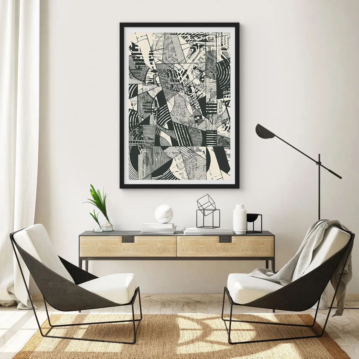 Affiche dans un cadre noir - Poster - Motifs géométriques abstraits en noir et blanc - 50x70cm - Dynamique du modernisme - Décoration murale moderne pour le salon et la chambre ARTTOR