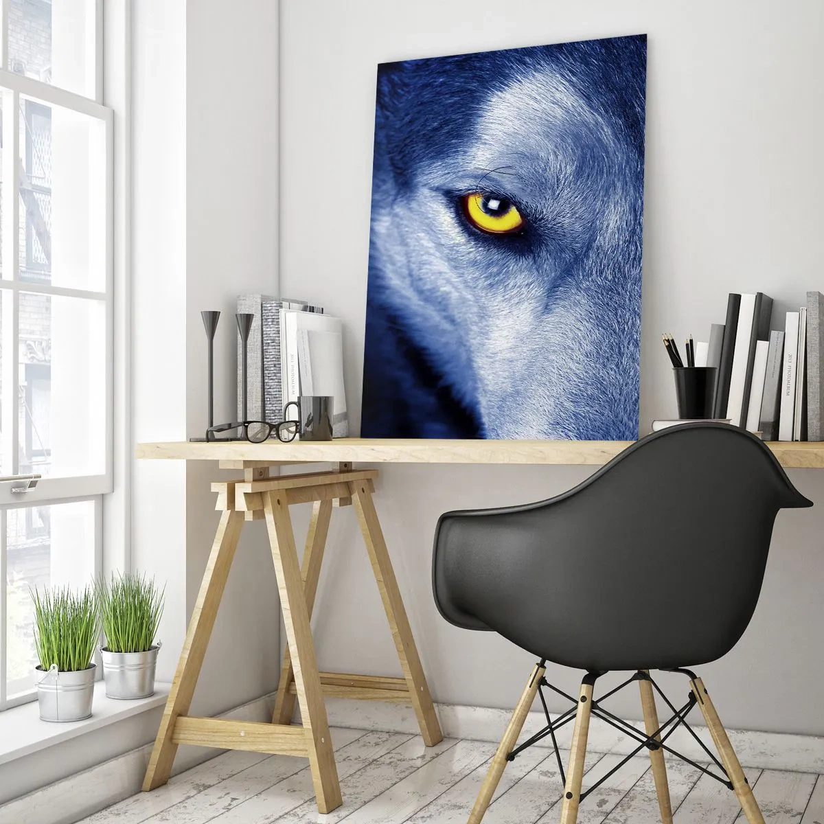 Impression sur verre - Image sur verre - Gros plan du regard intense d'un loup sur un fond sombre - 70x100cm - Regars hypnotique - Décoration murale moderne pour le salon et la chambre ARTTOR