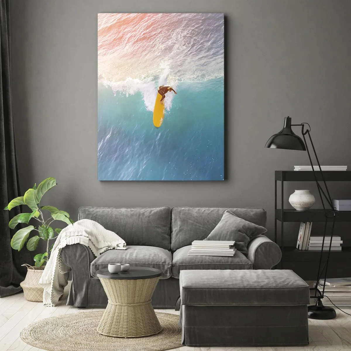 Impression sur toile - Image sur toile - Surfeur sur une vague aux couleurs pastel - 50x70cm - Le cavalier de l'océan - Décoration murale moderne pour le salon et la chambre ARTTOR