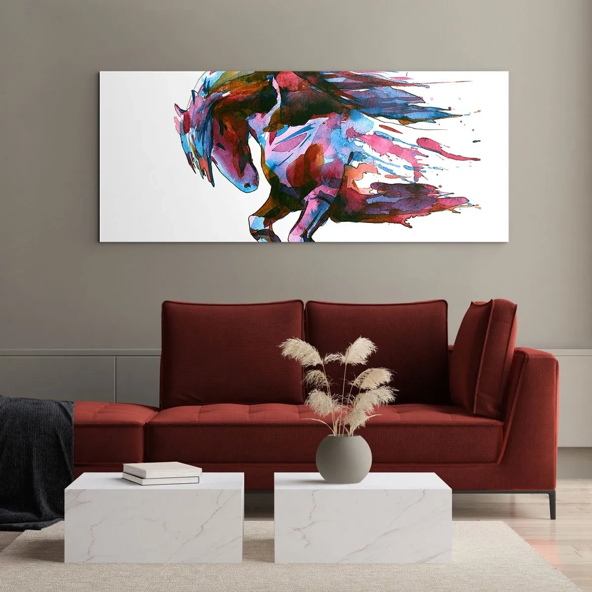 Impression sur verre - Image sur verre - Un cheval aux couleurs abstraites dynamiques symbolisant la liberté - 140x50cm - Dans le ravissement - Décoration murale moderne pour le salon et la chambre ARTTOR