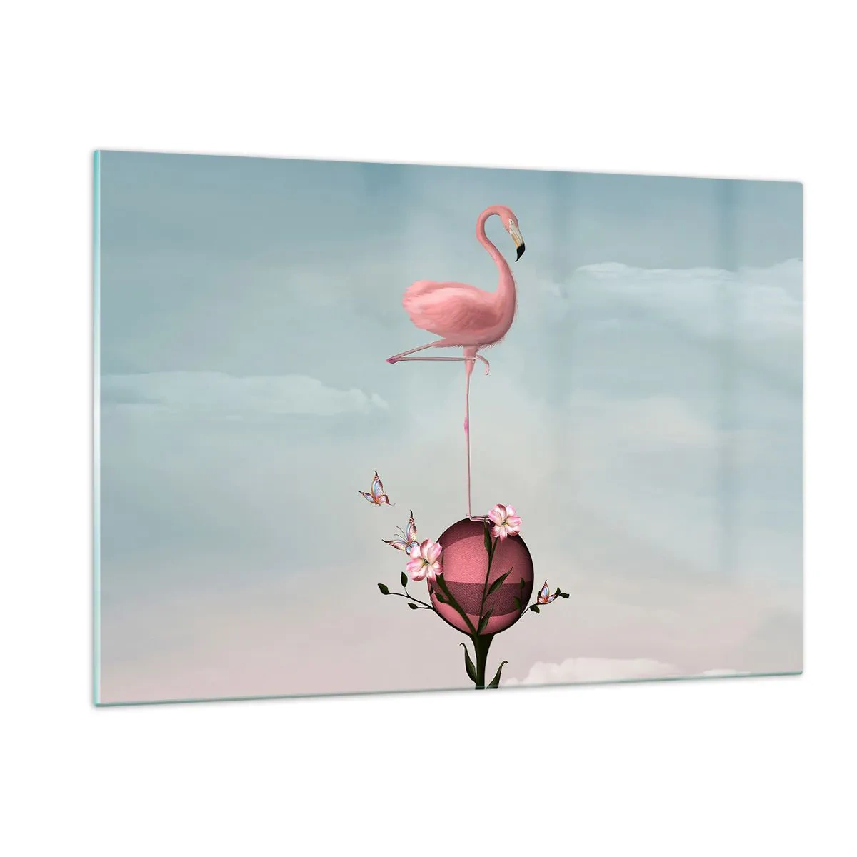 Impression sur verre - Image sur verre - Un flamant rose debout sur une boule décorative avec des fleurs et des papillons. - 120x80cm - Allégorie du basket-ball - Décoration murale moderne pour le salon et la chambre ARTTOR