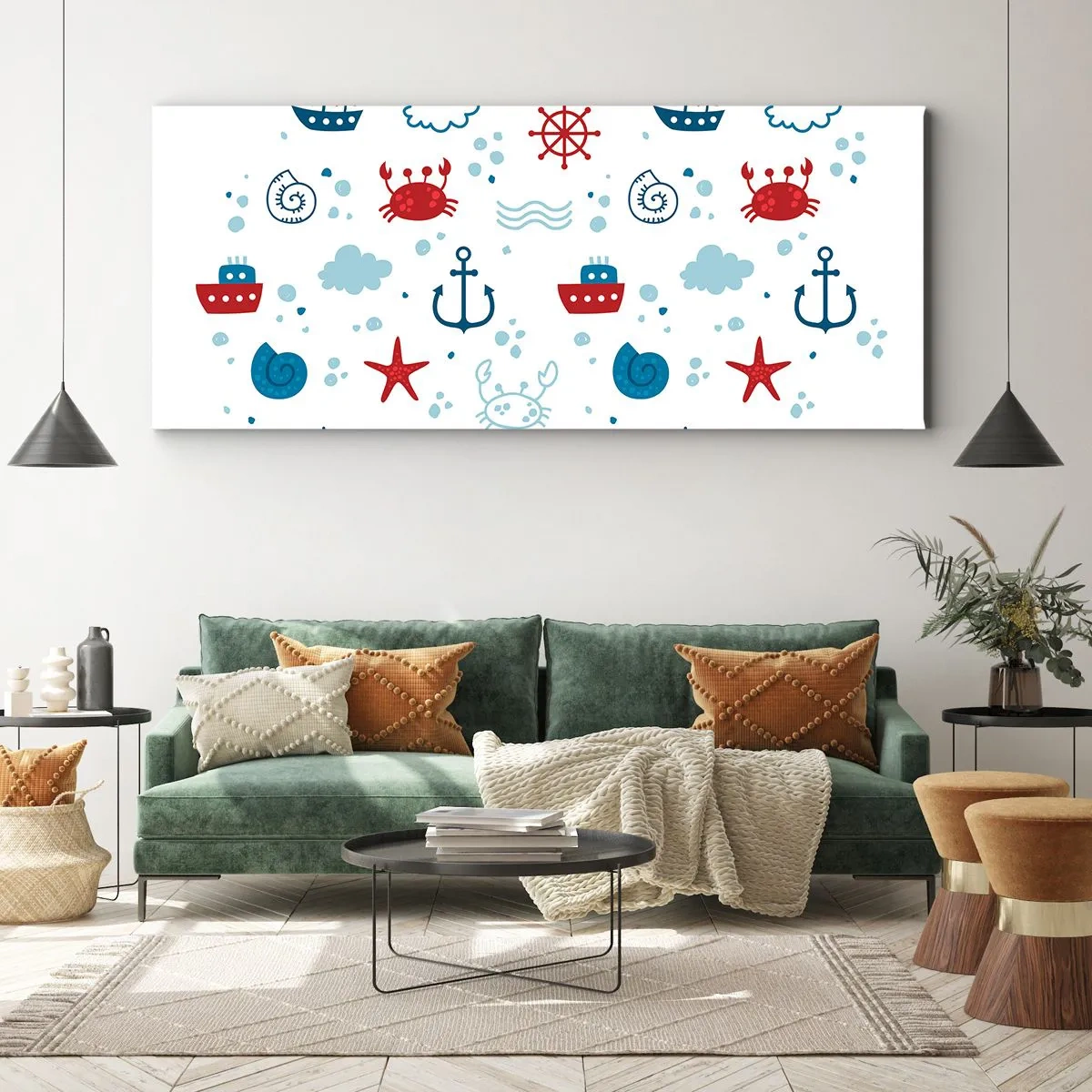 Impression sur toile - Image sur toile - Motif nautique avec ancres, navires et crabes - 120x50cm - Conte de fées de la mer - Décoration murale moderne pour le salon et la chambre ARTTOR