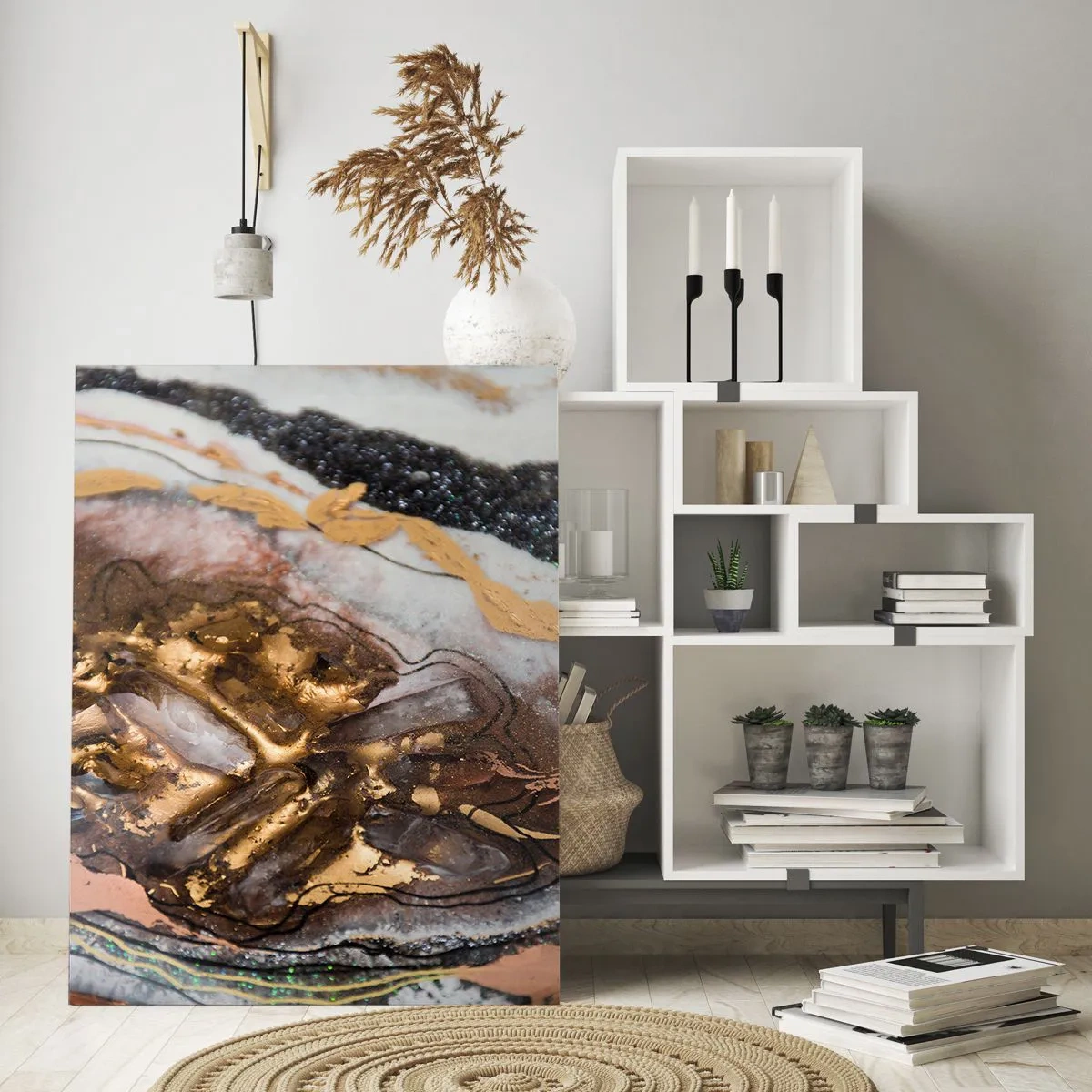 Impression sur verre - Image sur verre - Une peinture abstraite dans des tons d'or, de marron et de blanc avec une texture minérale. - 50x70cm - Élément de la terre - Décoration murale moderne pour le salon et la chambre ARTTOR