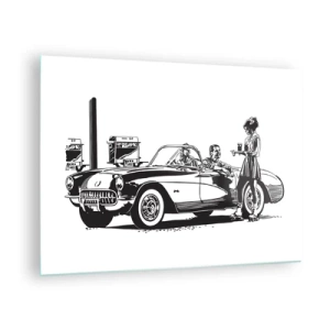 Impression sur verre - Image sur verre - Graphiques créatifs avec une voiture classique et des personnages - 70x50cm - 60's - Amérique insouciante - Décoration murale moderne pour le salon et la chambre ARTTOR