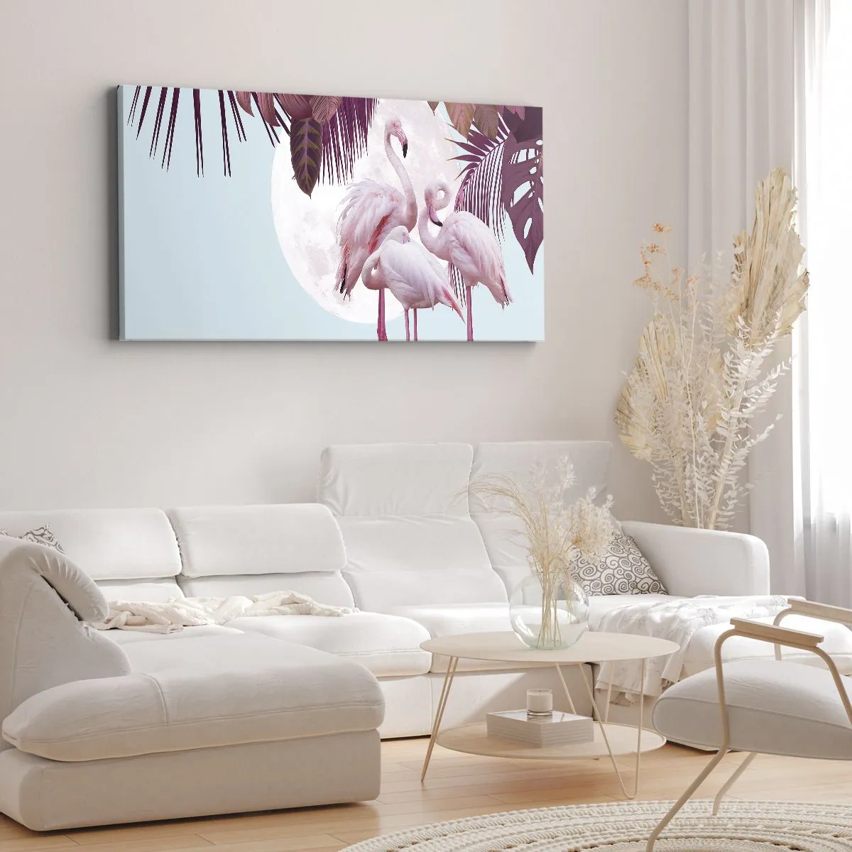 Impression sur toile - Image sur toile - Flamants roses sur fond de lune et de feuilles tropicales - 120x50cm - Trois oiseaux gracieux - Décoration murale moderne pour le salon et la chambre ARTTOR