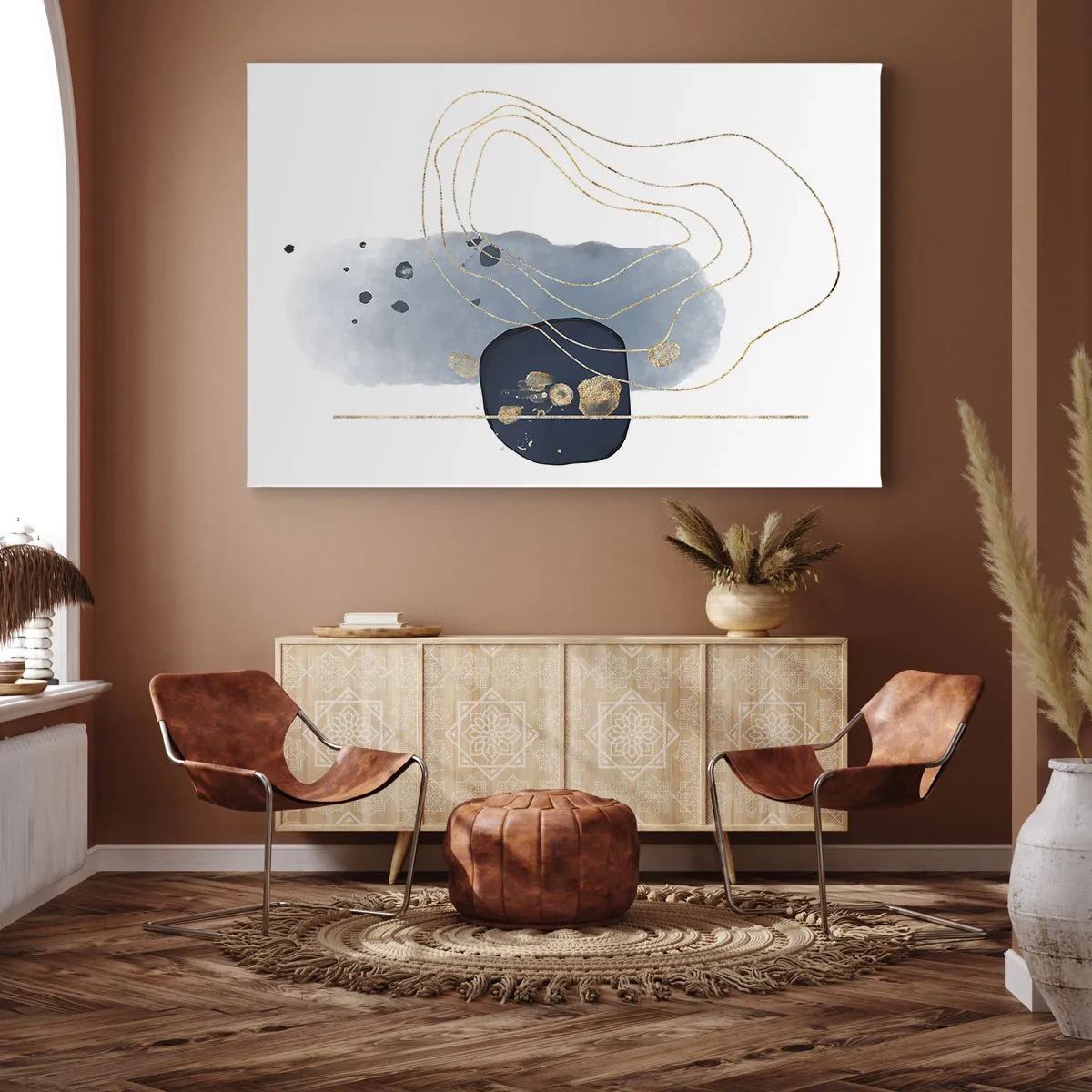 Impression sur toile - Image sur toile - Abstraction dans les tons de bleu et d'or - 70x50cm - Fantaisie bleu et or - Décoration murale moderne pour le salon et la chambre ARTTOR