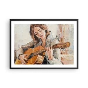 Affiche dans un cadre noir - Poster - Portrait d'une fille jouant de la guitare dans un style pictural aux couleurs chaudes. - 70x50cm - Concerto pour guitare et coeur de fille - Décoration murale moderne pour le salon et la chambre ARTTOR
