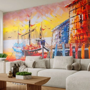 Papier peint sur mesure Autocollant Deluxe - Bon retour - Paysage, Port des Pêcheurs, Bateaux