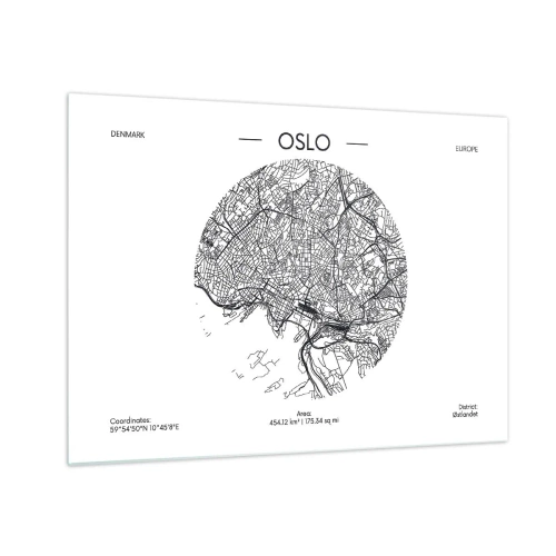 Impression sur verre - Image sur verre - Plan de la ville d'Oslo en style graphique noir et blanc - 70x50cm - Anatomie d’Oslo - Décoration murale moderne pour le salon et la chambre ARTTOR