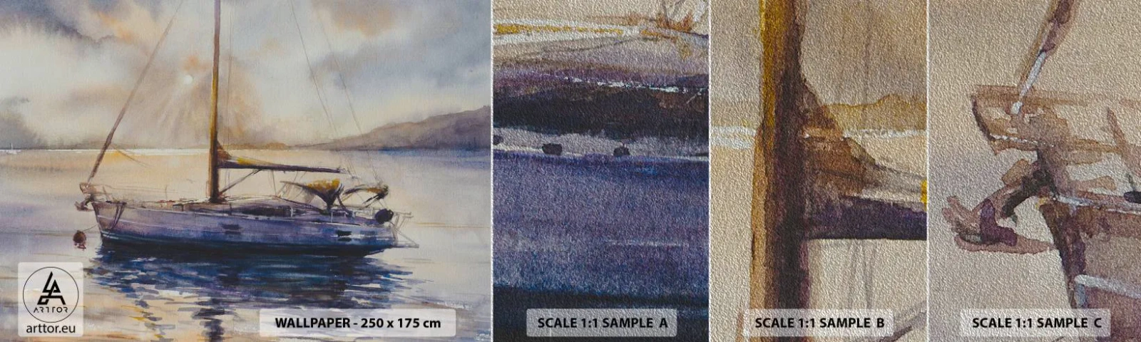 Échantillon de Papier Peint Premium Sand - Soirée sur la baie - Voilier, Pêche, Bord de mer - 100x30 cm
