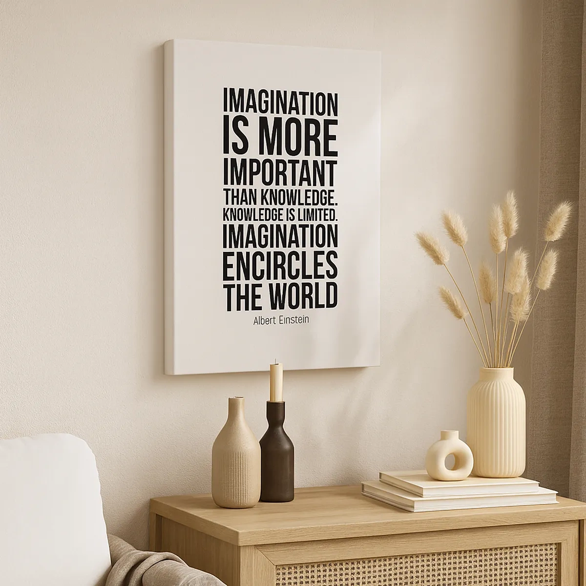 Impression sur toile - Image sur toile - Citation inspirante sur fond blanc en police noire - 50x70cm - Einstein sur le pouvoir de l'imagination - Décoration murale moderne pour le salon et la chambre ARTTOR