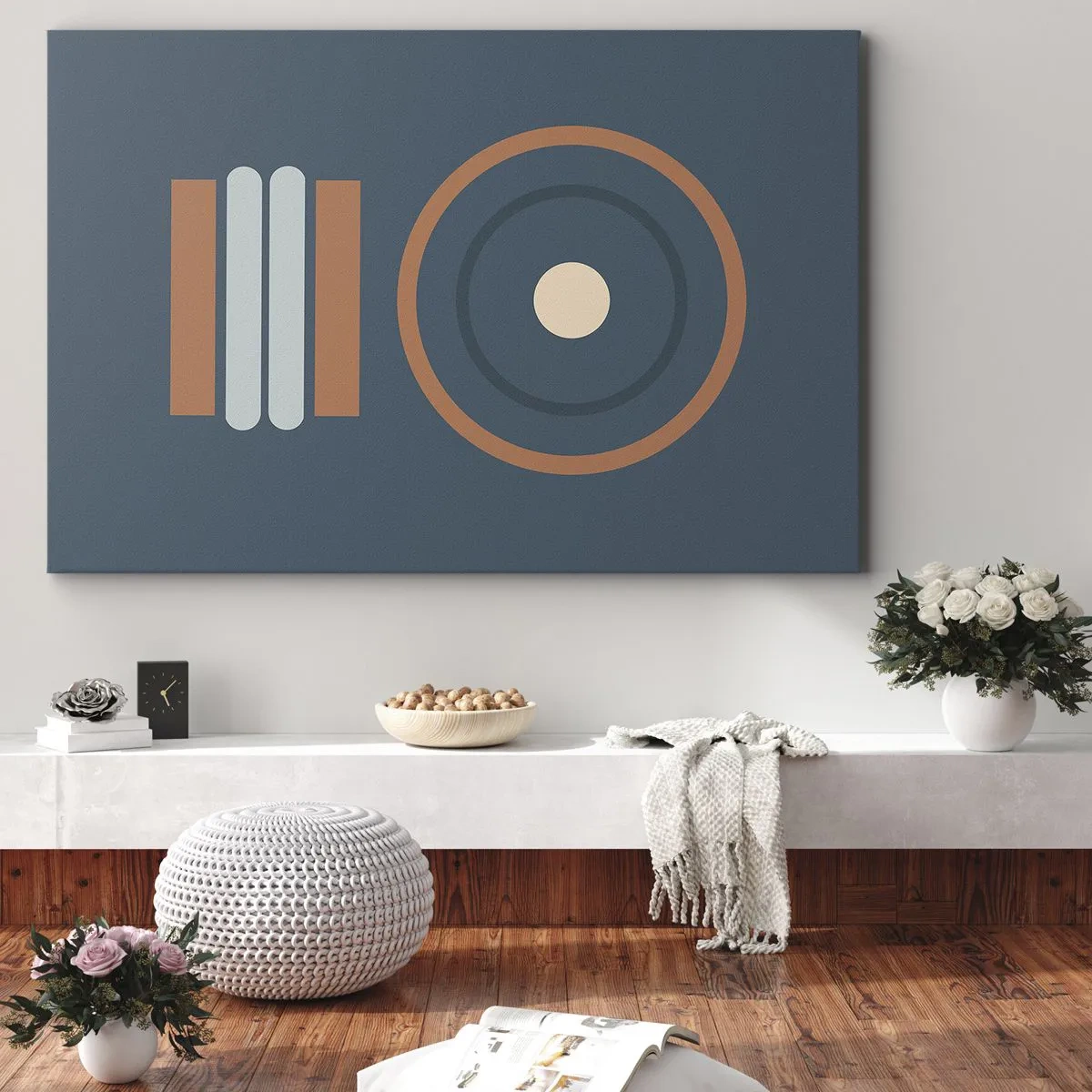 Impression sur toile - Image sur toile - Une composition géométrique avec des cercles et des rectangles aux couleurs sobres. - 120x80cm - Essence des choses - Décoration murale moderne pour le salon et la chambre ARTTOR