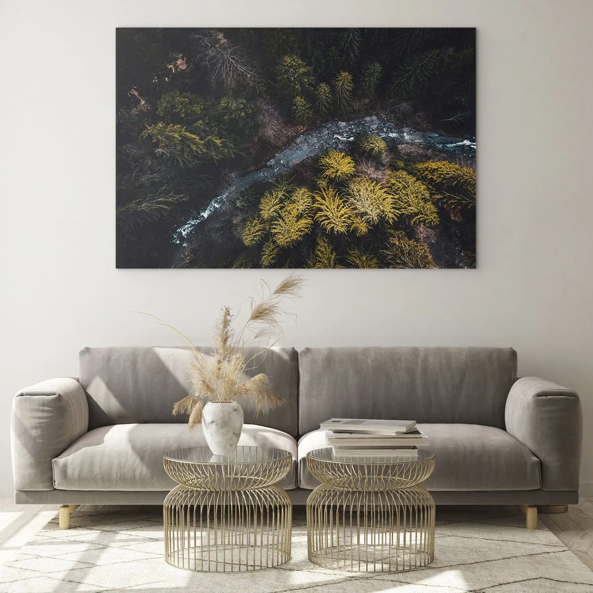 Impression sur verre - Image sur verre - Vue aérienne d'un paysage forestier avec un ruisseau sinueux - 70x50cm - De plus en plus vite - Décoration murale moderne pour le salon et la chambre ARTTOR