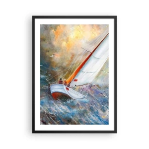 Affiche dans un cadre noir - Poster - Un yacht naviguant sur une mer agitée dans un paysage pittoresque - 50x70cm - Concourir sur les vagues - Décoration murale moderne pour le salon et la chambre ARTTOR