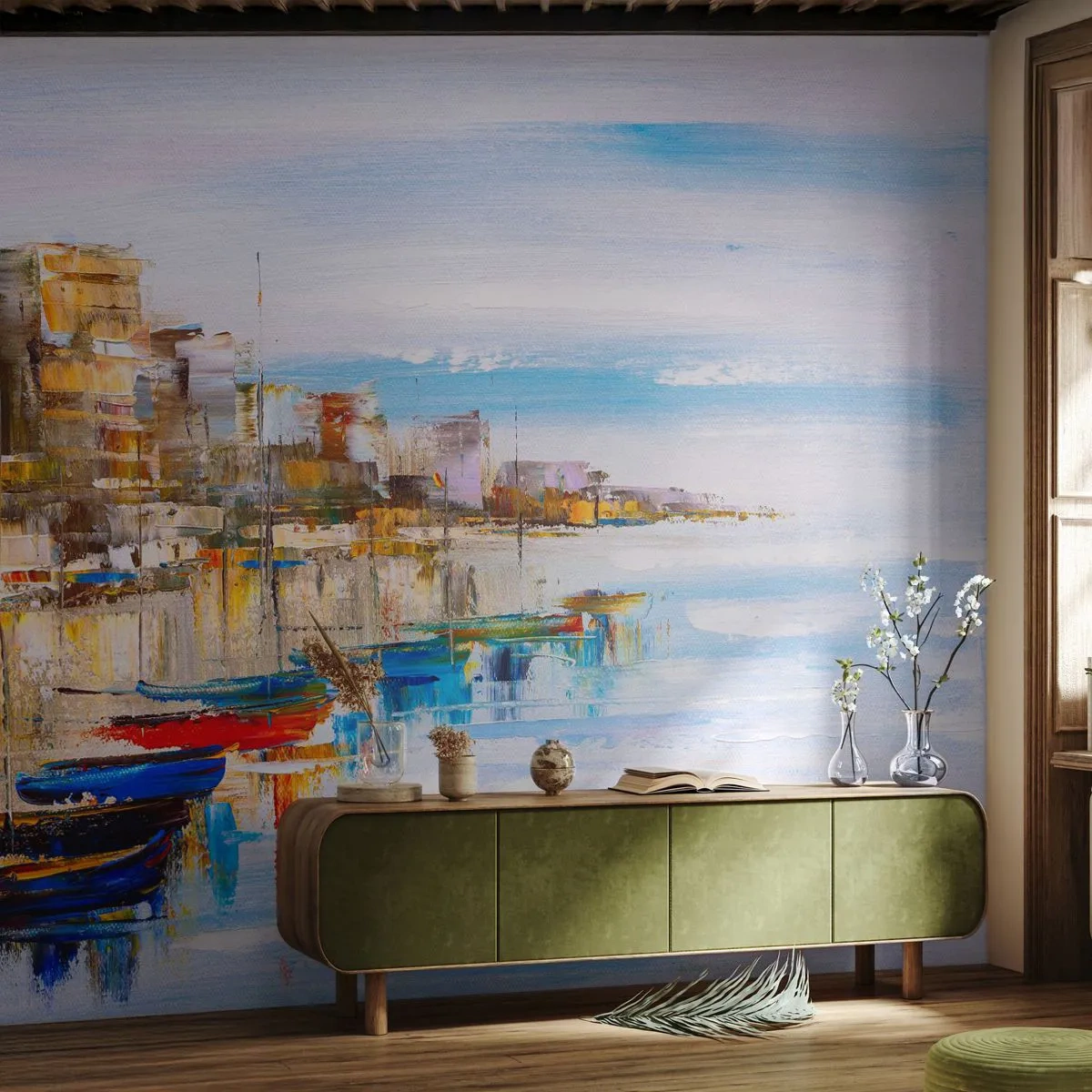 Papier Peint Autocollant Deluxe Sticker - Un havre urbain multicolore - Paysage, port, Bord de mer - 300x210 cm