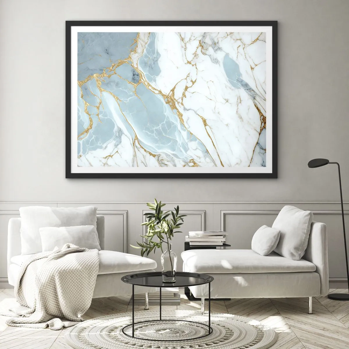 Affiche dans un cadre noir - Poster - Motifs en marbre bleu et blanc avec des veines dorées ajoutées - 100x70cm - Richesse en pierre - Décoration murale moderne pour le salon et la chambre ARTTOR