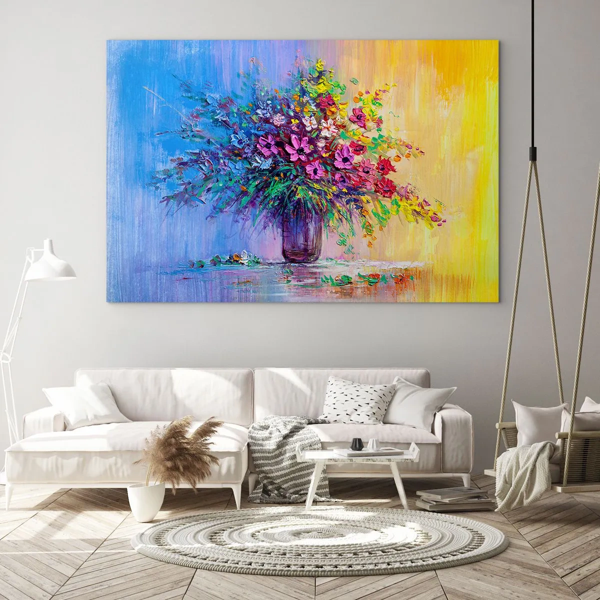 Impression sur verre - Image sur verre - Un bouquet de fleurs colorées dans un vase sur un fond abstrait - 120x80cm - Cadeau d'été de la prairie - Décoration murale moderne pour le salon et la chambre ARTTOR