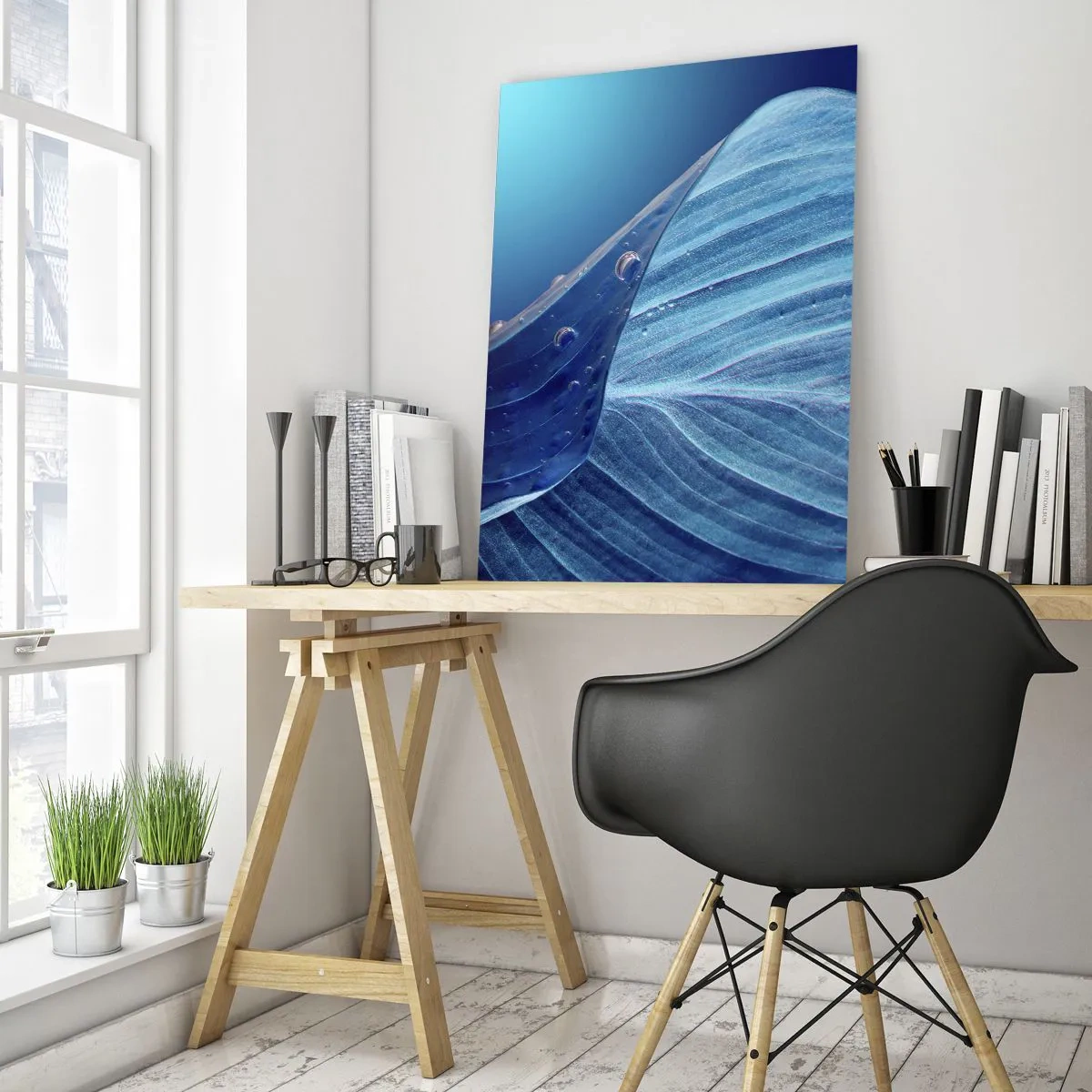 Impression sur verre - Image sur verre - Une feuille bleue avec des gouttes d'eau visibles - 70x100cm - Gouttes cachées du bleu - Décoration murale moderne pour le salon et la chambre ARTTOR