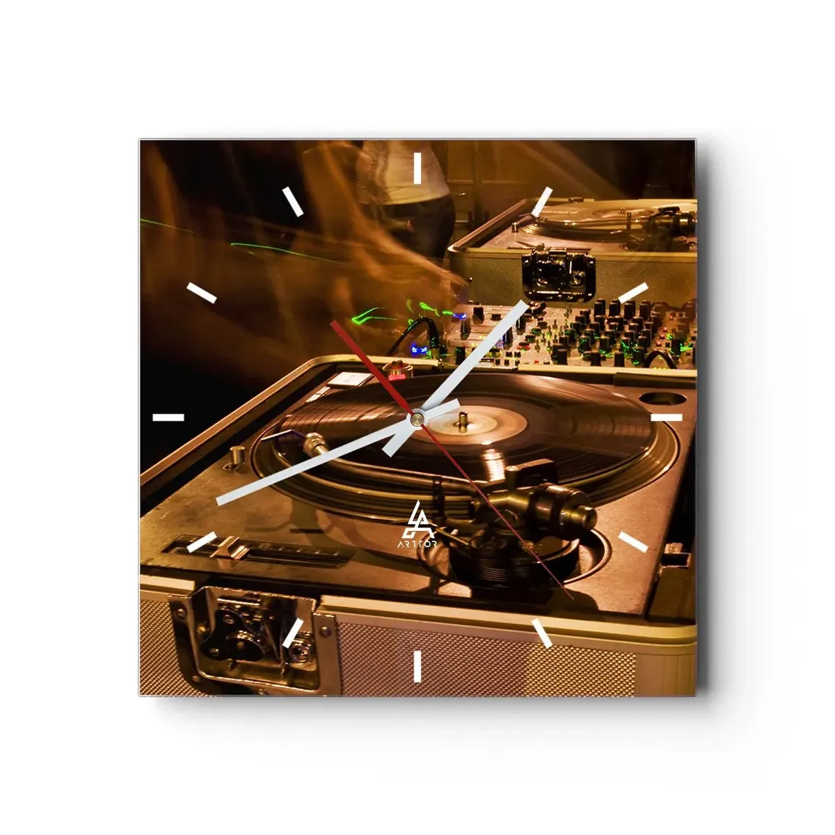 Horloge murale - Pendule murale - Équipement DJ avec platine et table de mixage lors d'une fête - 30x30cm - Sentez-vous cette force? - Décoration murale moderne pour le salon et la chambre ARTTOR