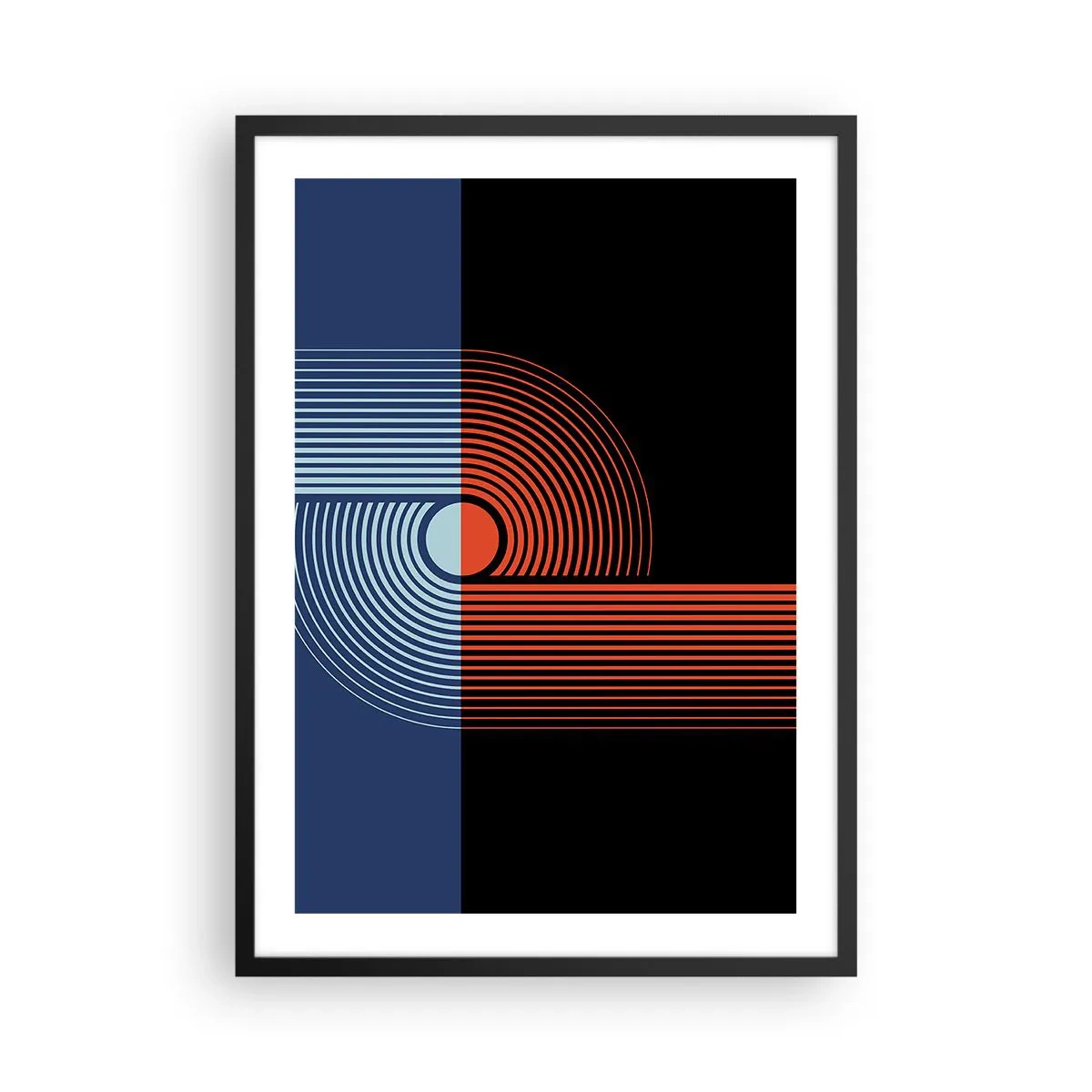 Affiche dans un cadre noir - Poster - Composition géométrique avec des lignes bleu marine et orange. - 50x70cm - Dans une étreinte géométrique - Décoration murale moderne pour le salon et la chambre ARTTOR