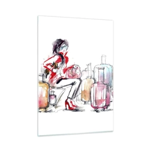 Impression sur verre - Image sur verre - Une femme en manteau rouge entourée de valises dans un style esquissé. - 50x70cm - Asseyons-nous avant le voyage - Décoration murale moderne pour le salon et la chambre ARTTOR