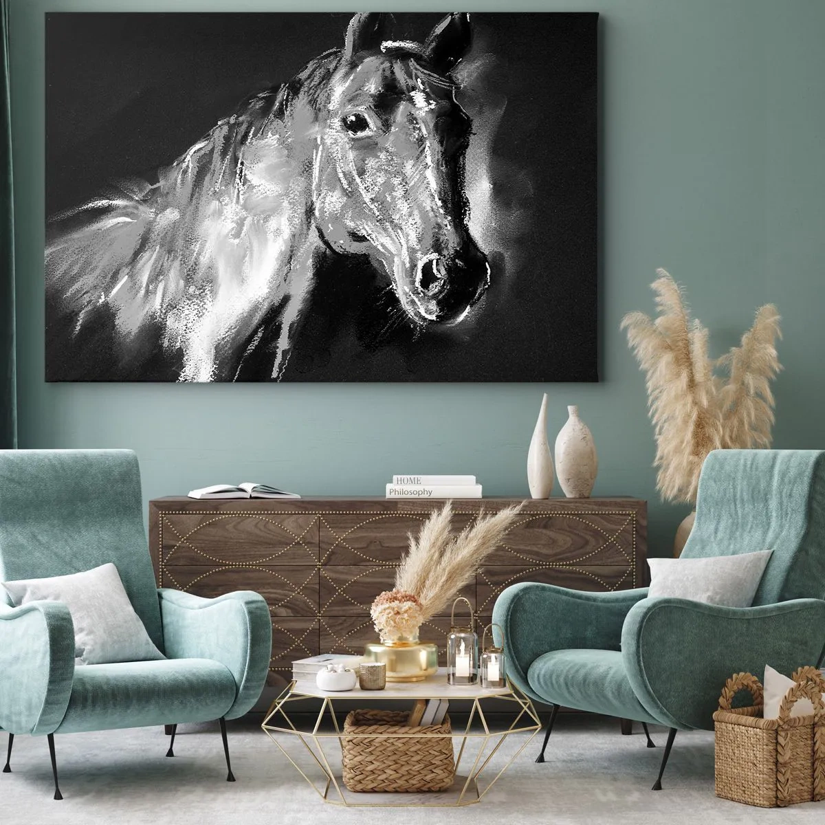 Impression sur toile - Image sur toile - Portrait d'un cheval dans un style dynamique en noir et blanc - 100x70cm - L'éclat d'une âme noble - Décoration murale moderne pour le salon et la chambre ARTTOR