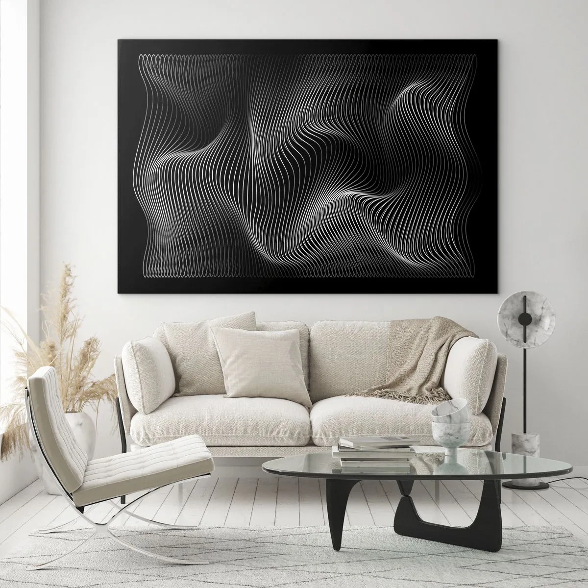 Impression sur verre - Image sur verre - Des lignes blanches hypnotisantes ondulant sur un fond noir - 120x80cm - Danse de lumière dans l'espace - Décoration murale moderne pour le salon et la chambre ARTTOR