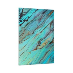 Impression sur verre - Image sur verre - Vagues abstraites dans des tons turquoise et or - 70x100cm - Marée turquoise - Décoration murale moderne pour le salon et la chambre ARTTOR